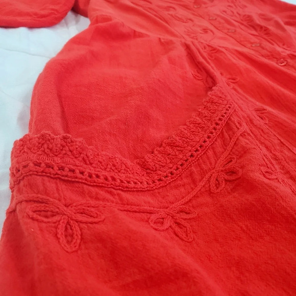Gretty Fueger Boho Embroidered Crinkle Fire Red Dress Sz XL - Picture 6 of 12